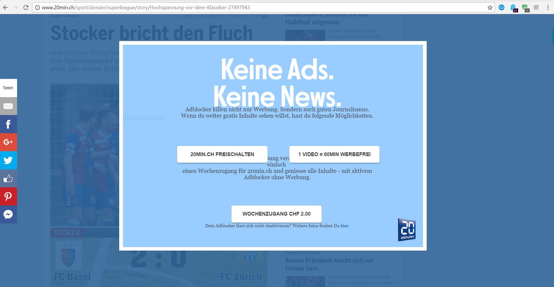 Adblocker-Blocker bei 20 Minuten.ch â€